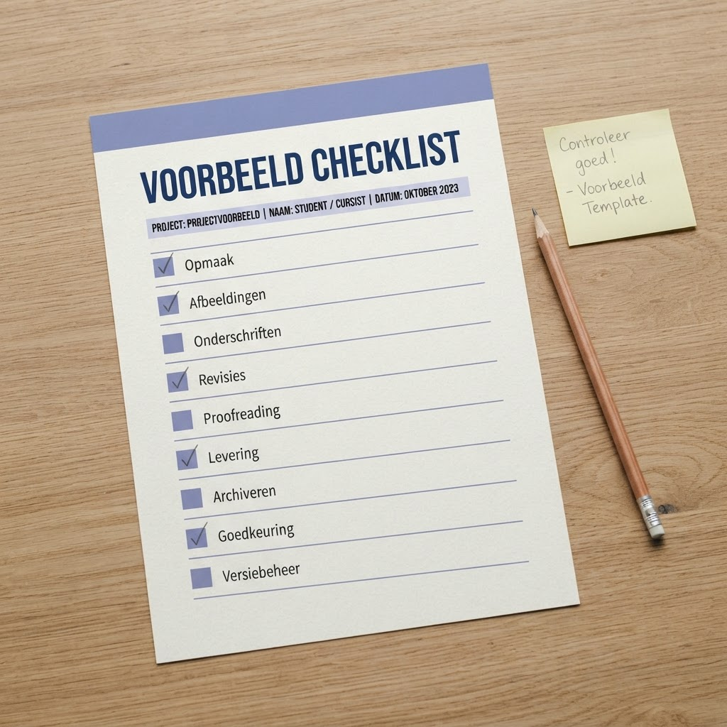 Voorbeeldchecklist met aangevinkte vakjes voor formaat, ondertitels, revisies en levering