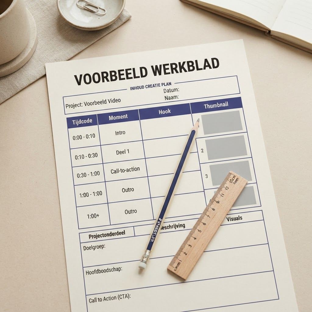 Voorbeeldwerkblad met een tabel voor tijdcode, moment en hook, met genummerde plaatshouders voor clips